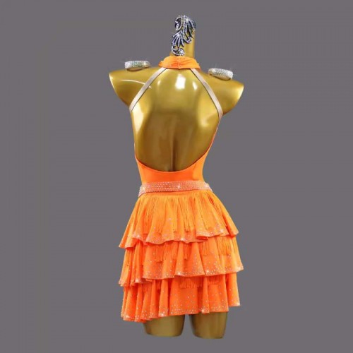 Custom size orange competition latin dance dresses for girls kids juvenile halter neck salsa rumba ballroom latin performance costumes for Children